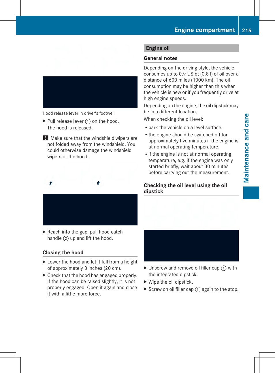 Main tenan ce and care, Engine compartment | Mercedes-Benz SLS-Class 2013 Owners Manual User Manual | Page 217 / 286