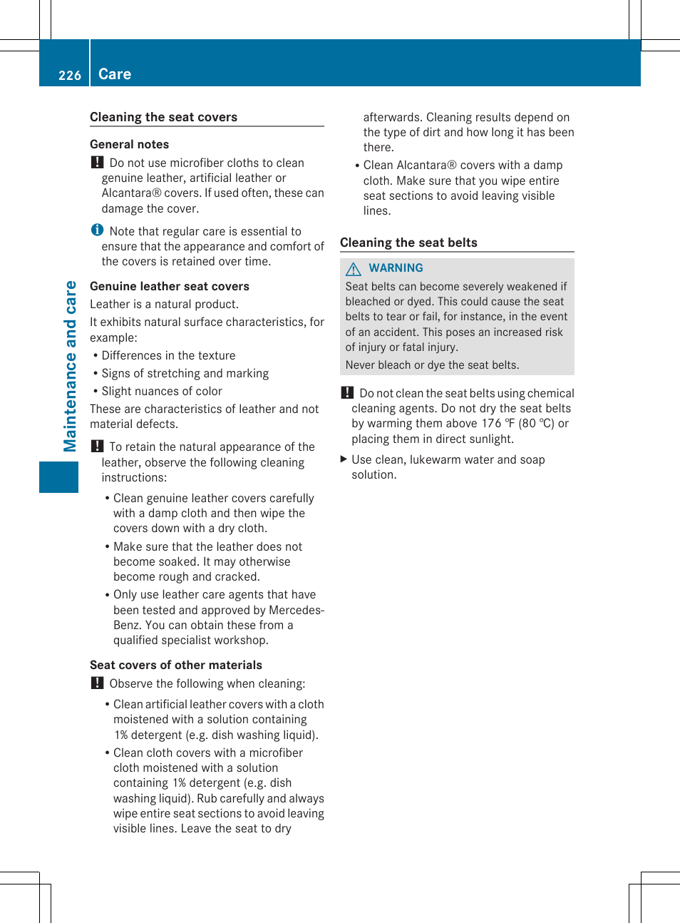 Ma int enance and car e, Care | Mercedes-Benz SLS-Class 2013 Owners Manual User Manual | Page 228 / 286