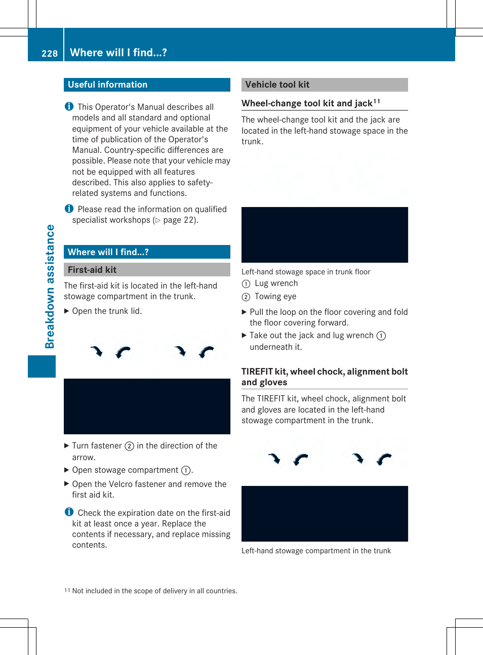 Breakd own assist ance, Where will i find | Mercedes-Benz SLS-Class 2013 Owners Manual User Manual | Page 230 / 286