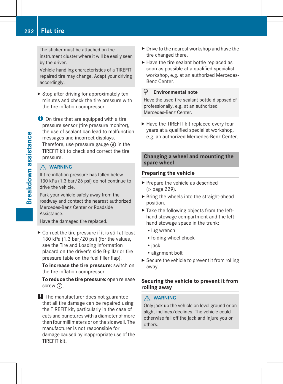 Breakdown assistance, Flat tire | Mercedes-Benz SLS-Class 2013 Owners Manual User Manual | Page 234 / 286