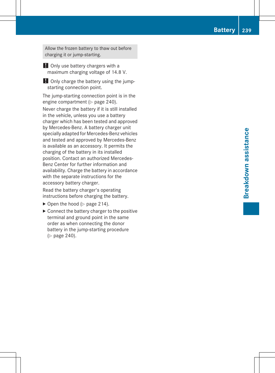 Breakdo wn as sis tan ce, Battery | Mercedes-Benz SLS-Class 2013 Owners Manual User Manual | Page 241 / 286