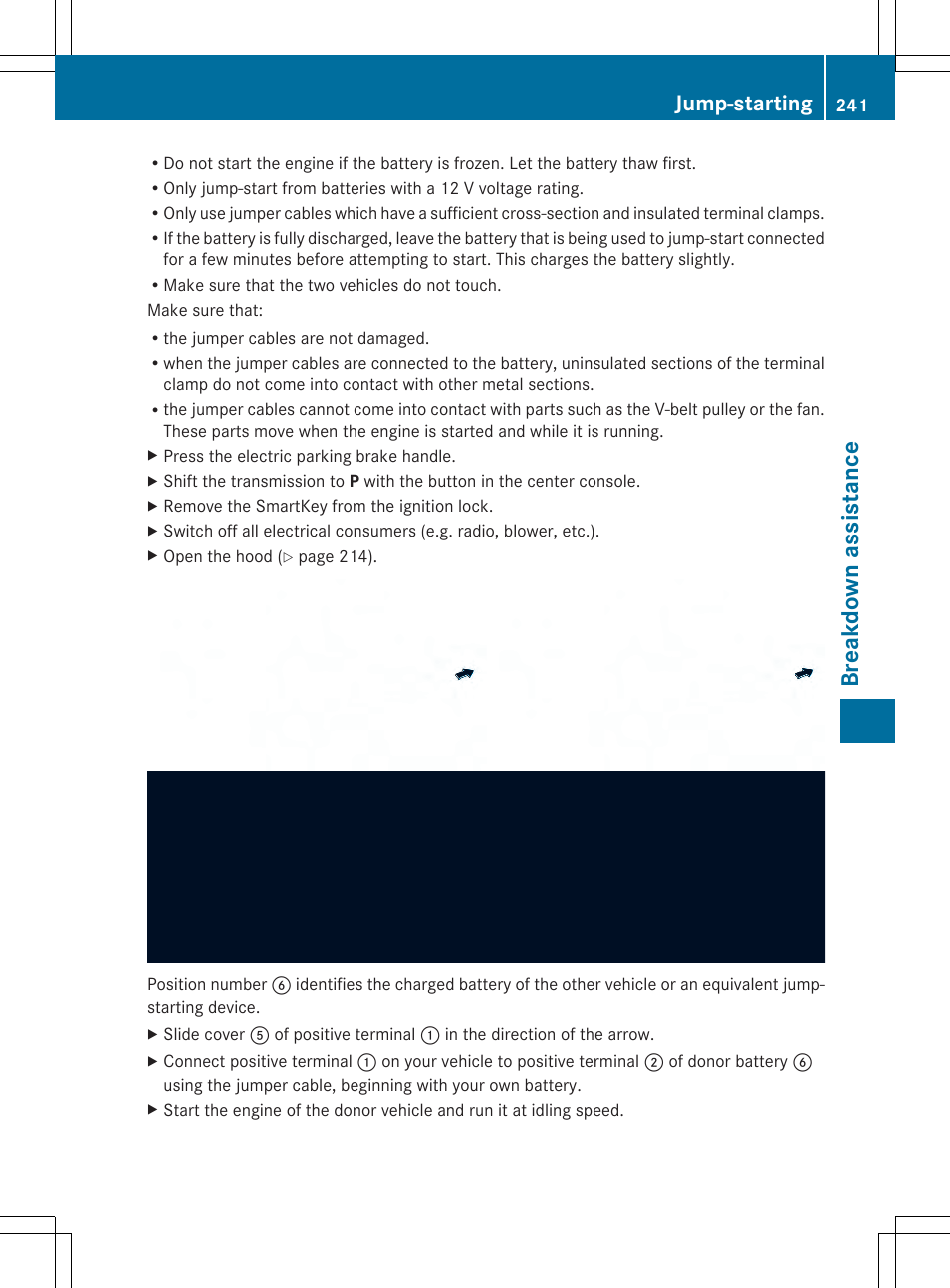 Break dow n ass is tanc e, Jump-starting | Mercedes-Benz SLS-Class 2013 Owners Manual User Manual | Page 243 / 286