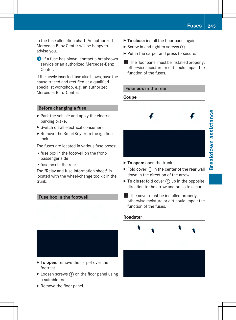 Breakd own assist ance, Fuses | Mercedes-Benz SLS-Class 2013 Owners Manual User Manual | Page 247 / 286