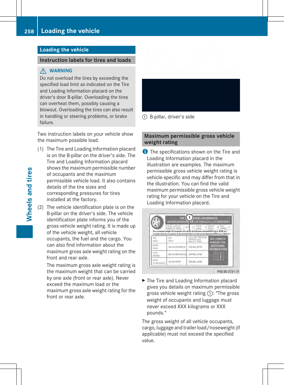 Wh eels and tir es, Loading the vehicle | Mercedes-Benz SLS-Class 2013 Owners Manual User Manual | Page 260 / 286