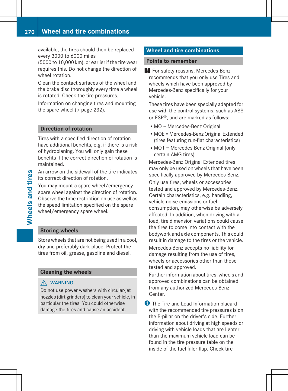 Wheels and tires, Wheel and tire combinations | Mercedes-Benz SLS-Class 2013 Owners Manual User Manual | Page 272 / 286