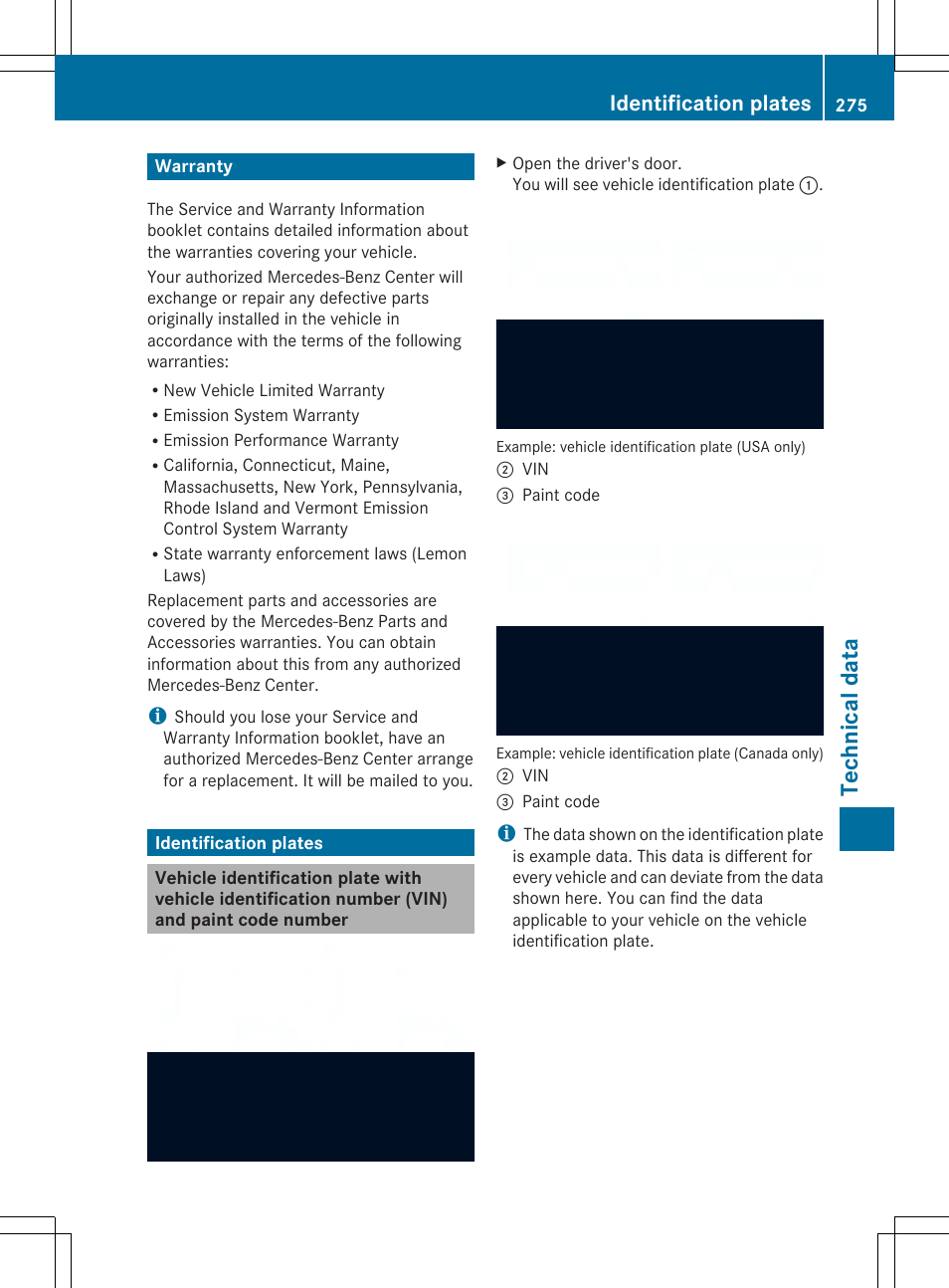 Techn ical data, Identification plates | Mercedes-Benz SLS-Class 2013 Owners Manual User Manual | Page 277 / 286