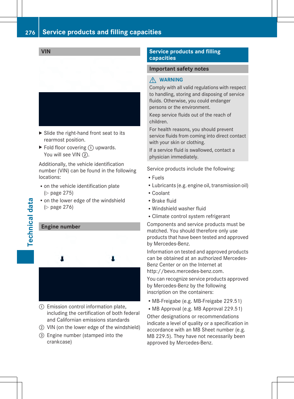 Tec hni ca ldata, Service products and filling capacities | Mercedes-Benz SLS-Class 2013 Owners Manual User Manual | Page 278 / 286