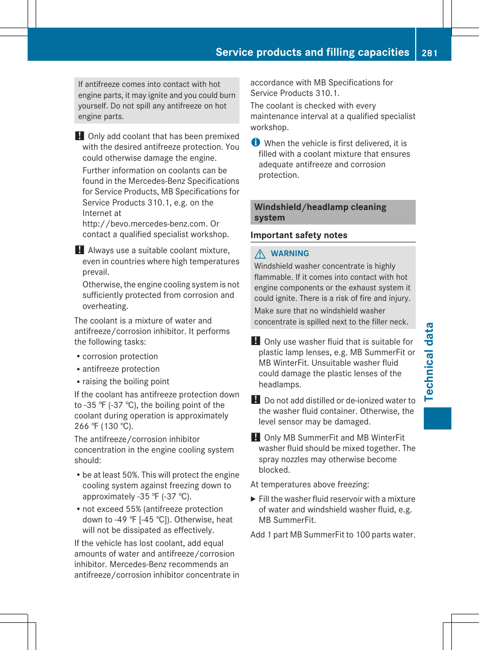 Tec hni ca ldata, Service products and filling capacities | Mercedes-Benz SLS-Class 2013 Owners Manual User Manual | Page 283 / 286