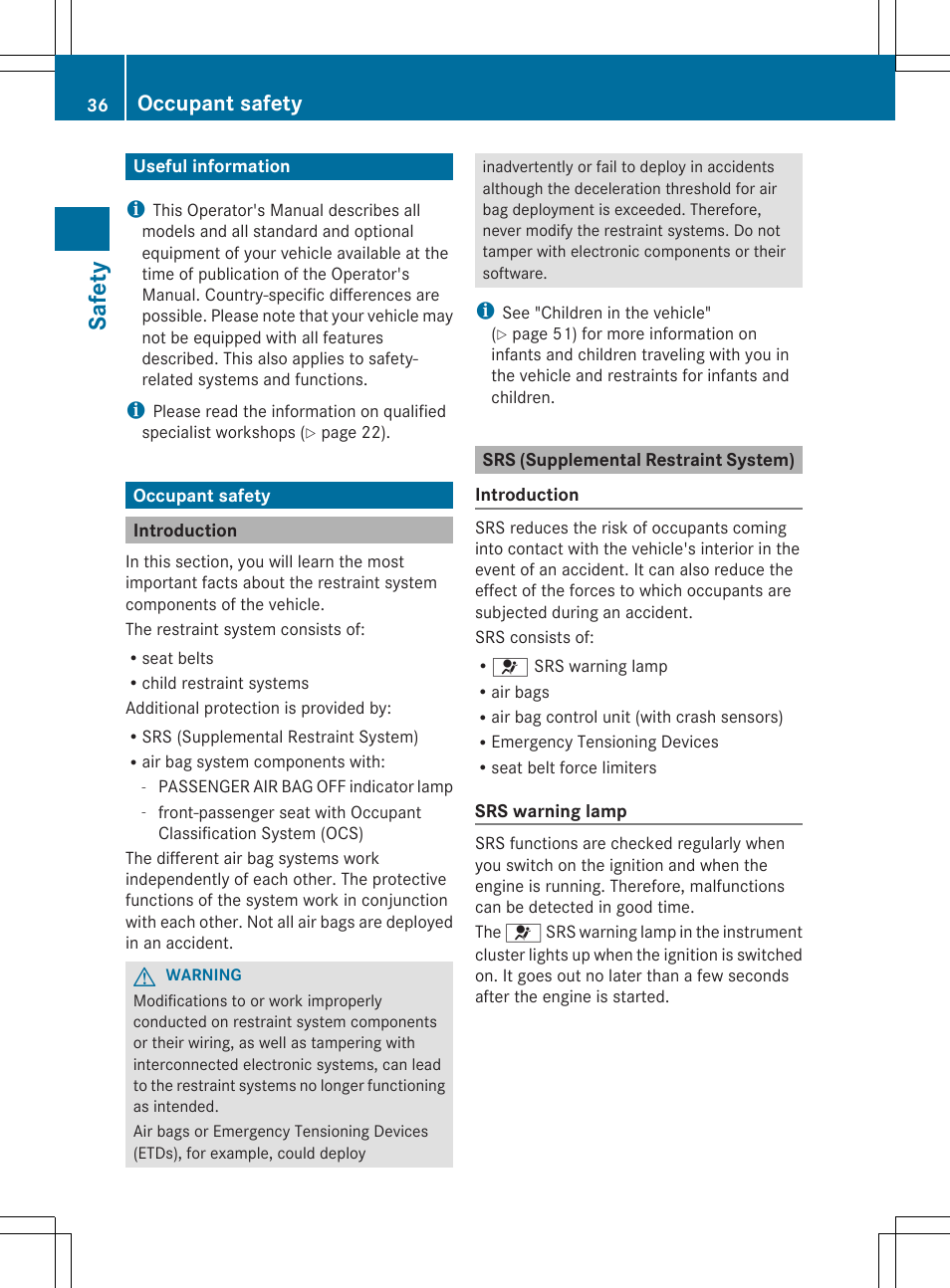 Safet y, Occupant safety | Mercedes-Benz SLS-Class 2013 Owners Manual User Manual | Page 38 / 286