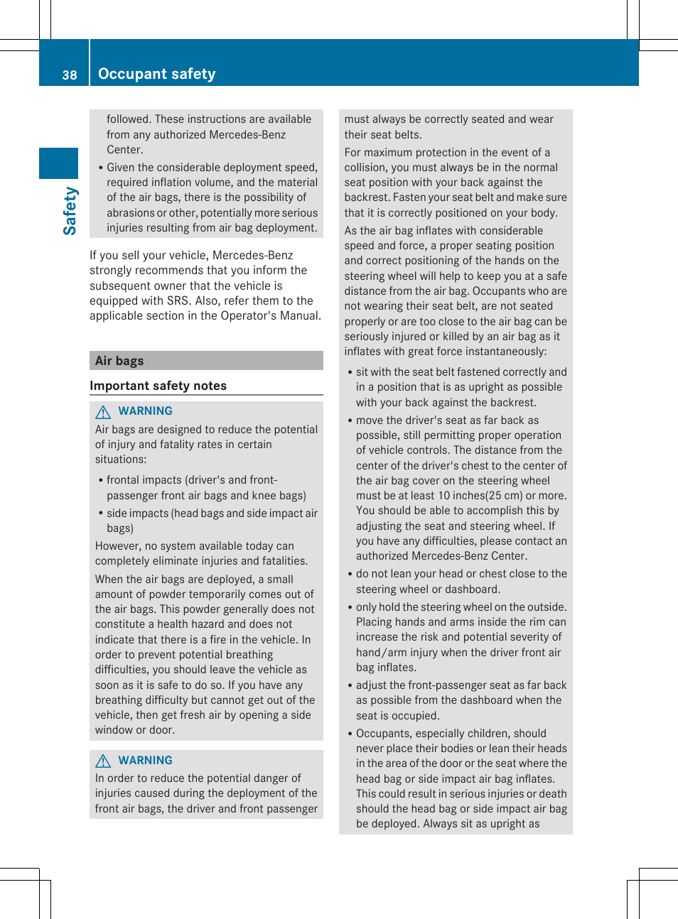 Safety, Occupant safety | Mercedes-Benz SLS-Class 2013 Owners Manual User Manual | Page 40 / 286