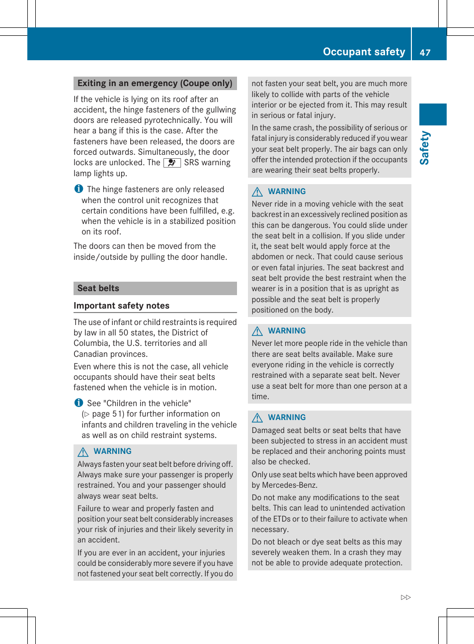 Saf ety, Occupant safety | Mercedes-Benz SLS-Class 2013 Owners Manual User Manual | Page 49 / 286