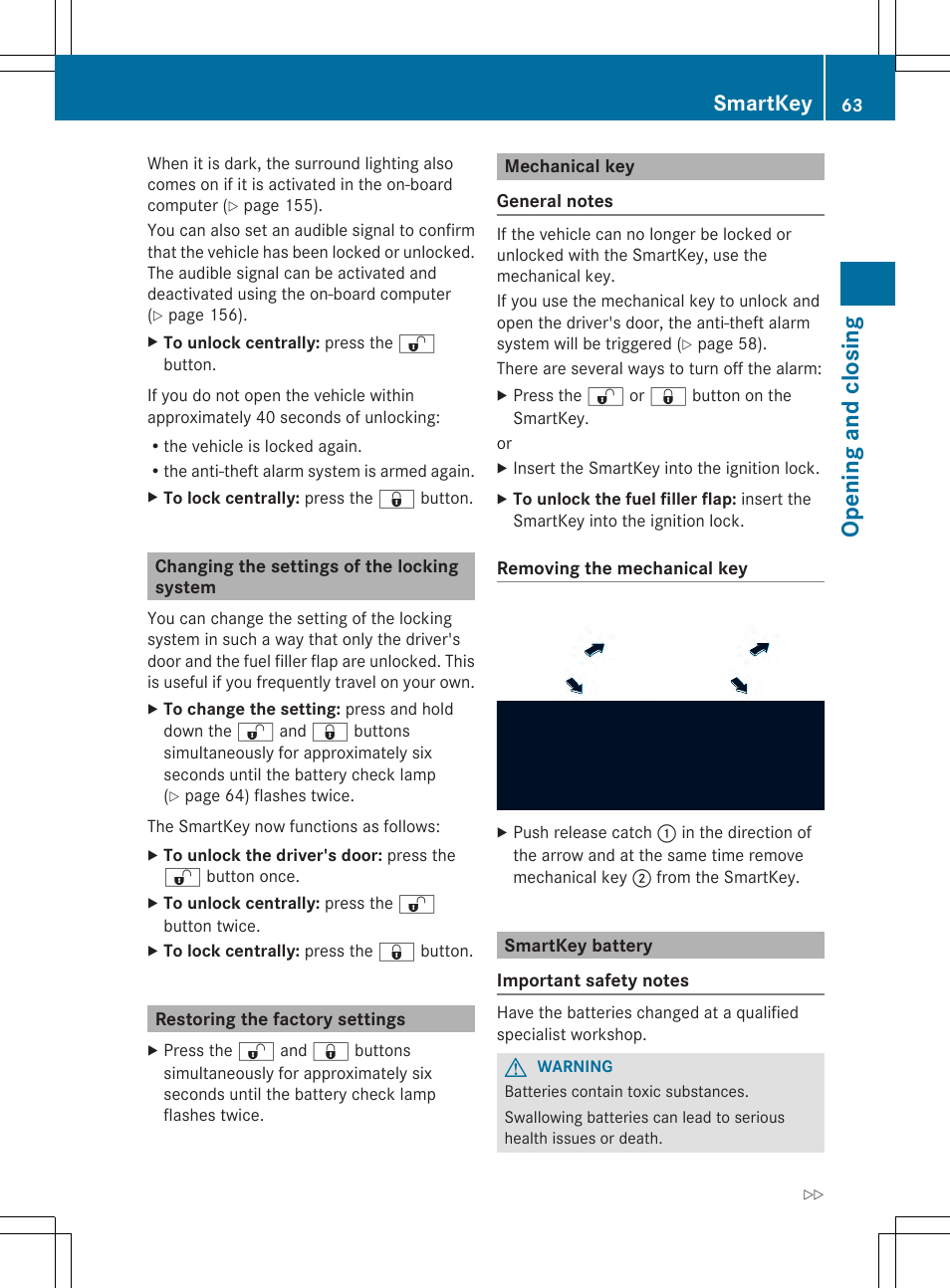 Opening and closi ng, Smartkey | Mercedes-Benz SLS-Class 2013 Owners Manual User Manual | Page 65 / 286