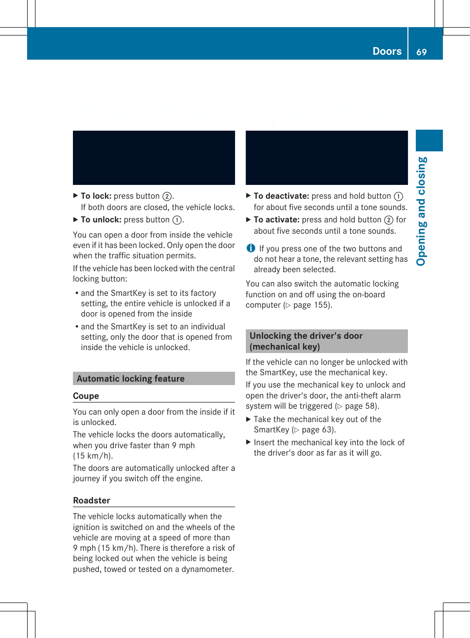 Ope ni ng and cl os in g, Doors | Mercedes-Benz SLS-Class 2013 Owners Manual User Manual | Page 71 / 286