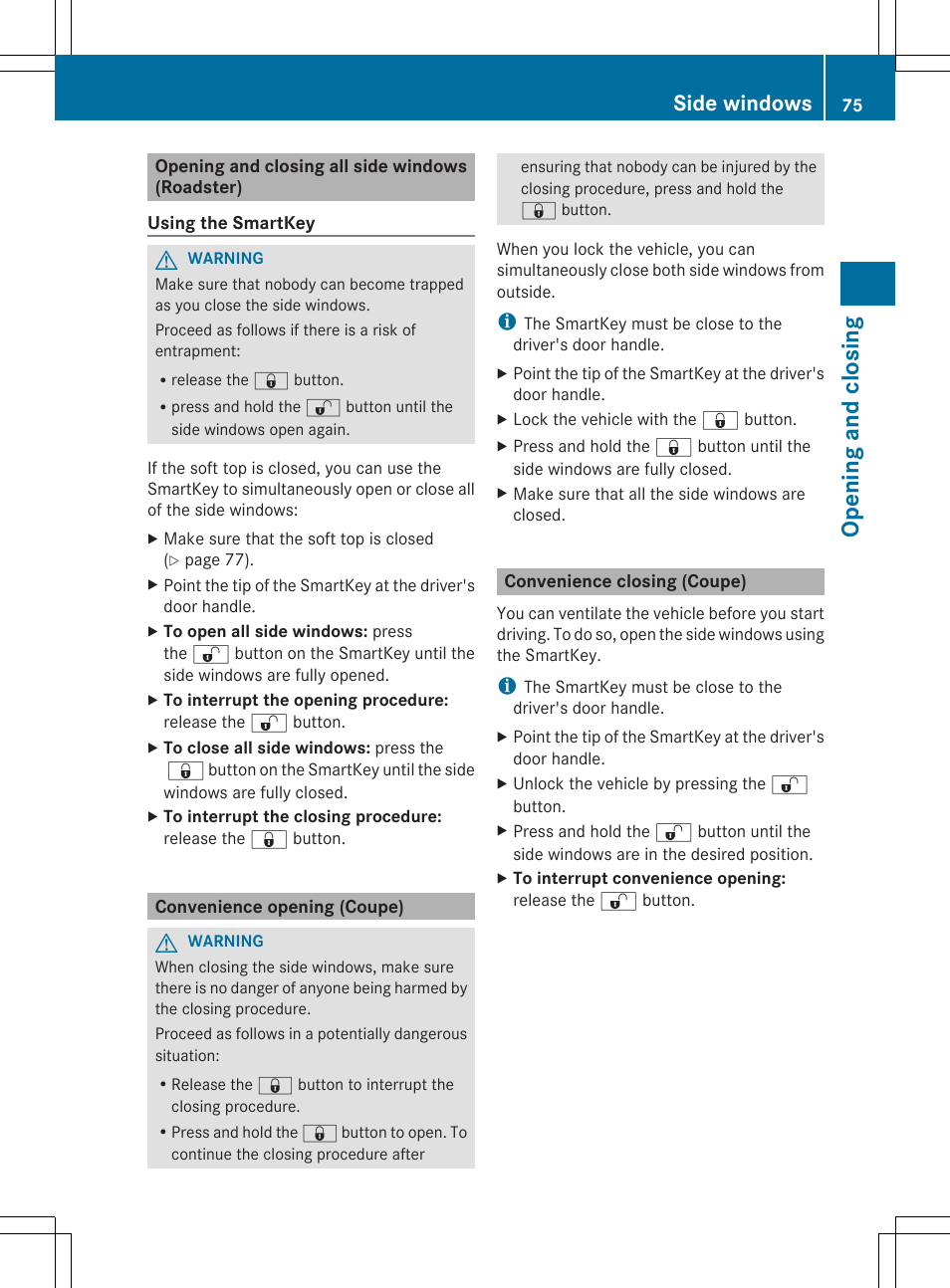 Opening and closi ng, Side windows | Mercedes-Benz SLS-Class 2013 Owners Manual User Manual | Page 77 / 286