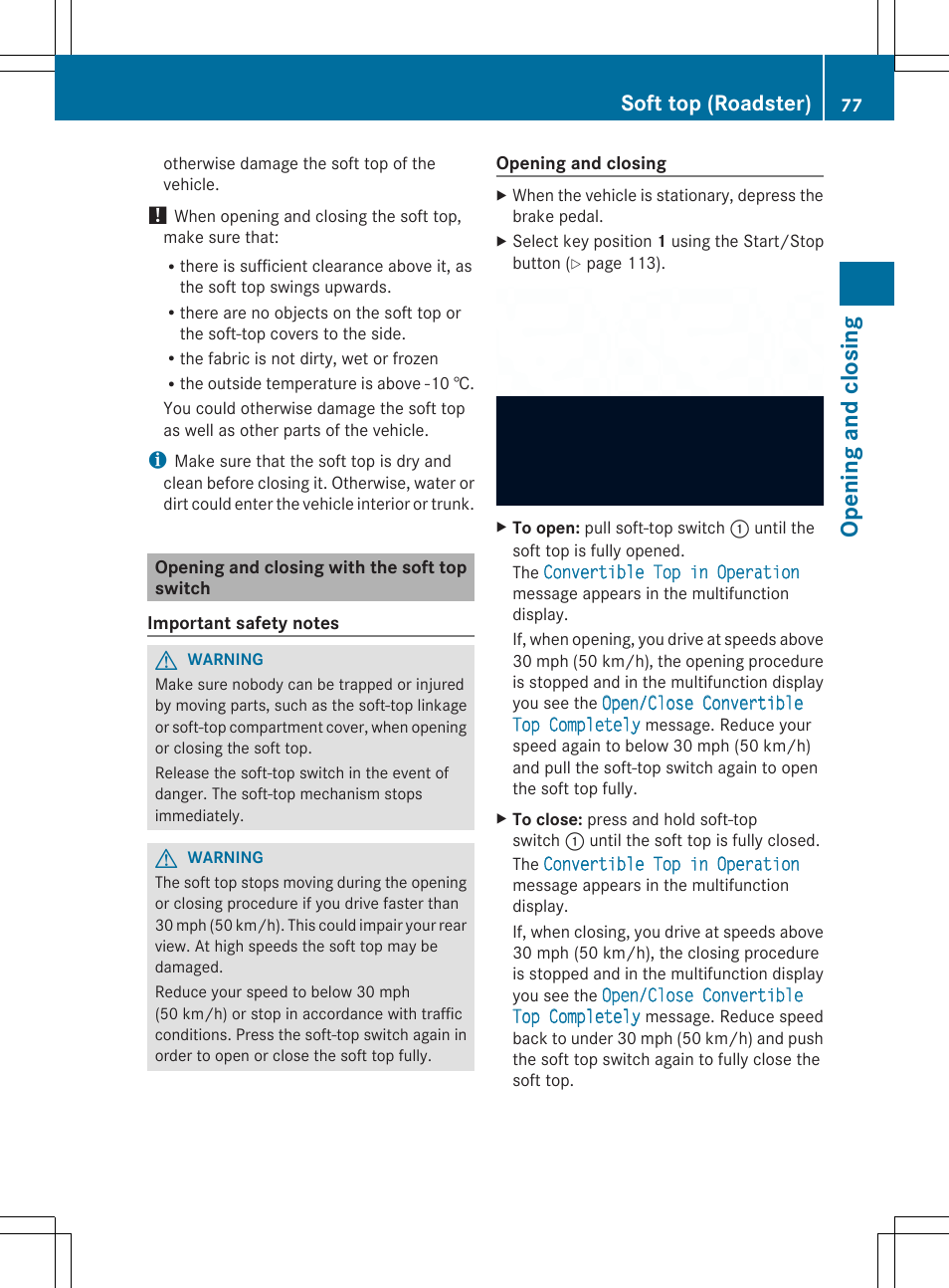 Opening and closing, Soft top (roadster) | Mercedes-Benz SLS-Class 2013 Owners Manual User Manual | Page 79 / 286