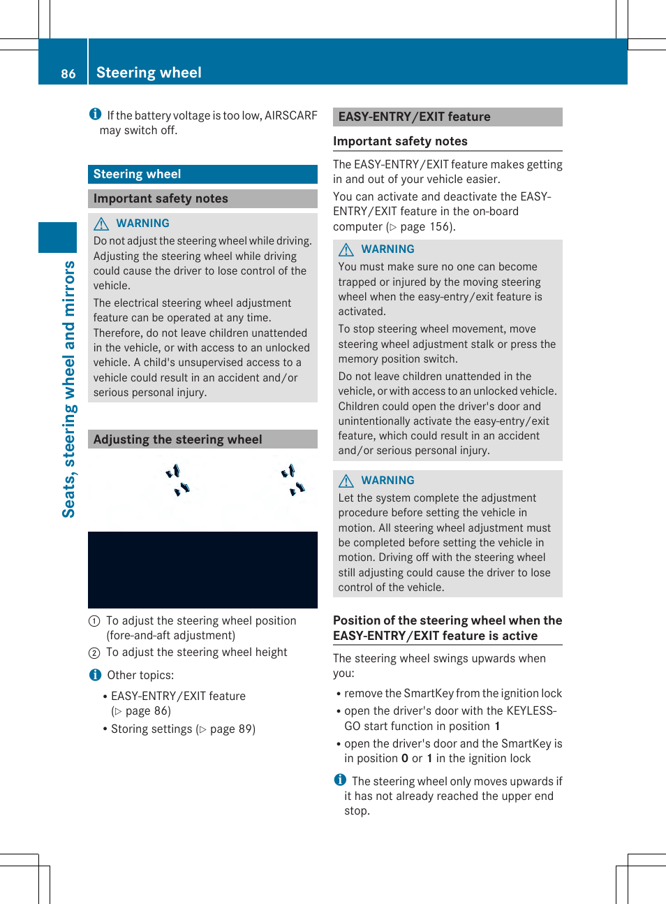 Seats, steering wheel and mirrors, Steering wheel | Mercedes-Benz SLS-Class 2013 Owners Manual User Manual | Page 88 / 286