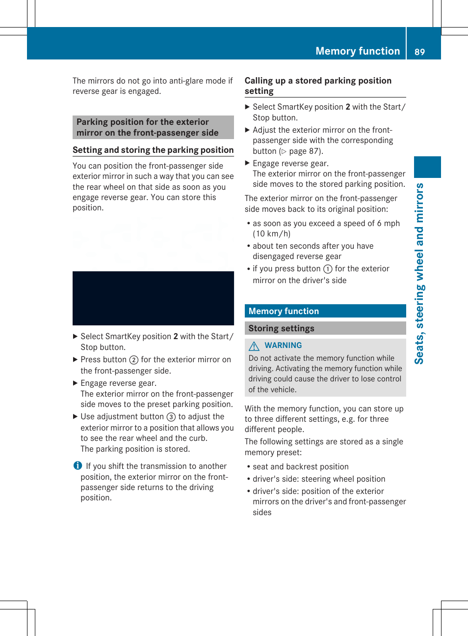 Seats, steering wheel and mirrors | Mercedes-Benz SLS-Class 2013 Owners Manual User Manual | Page 91 / 286