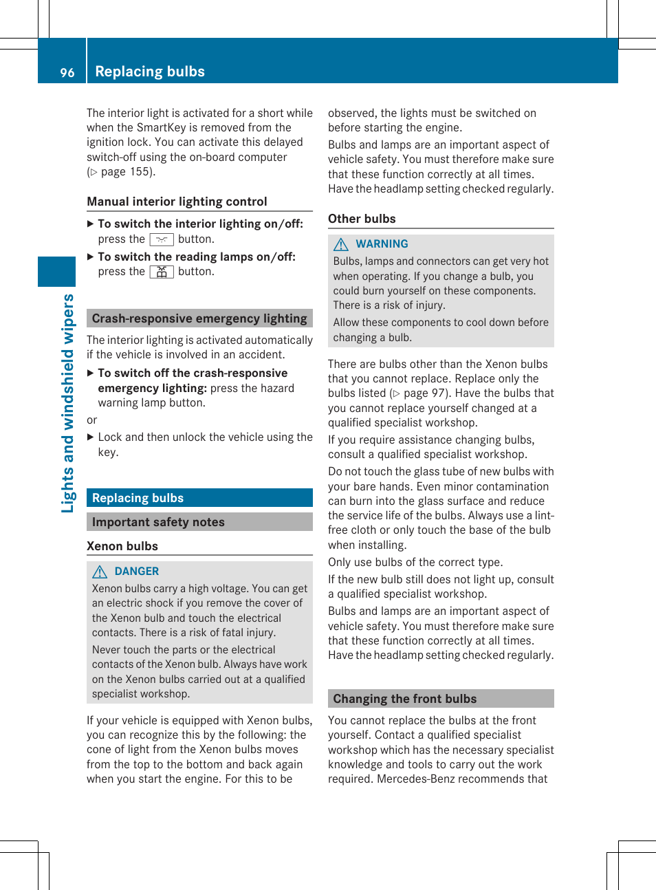 Lights and windshield wipers, Replacing bulbs | Mercedes-Benz SLS-Class 2013 Owners Manual User Manual | Page 98 / 286