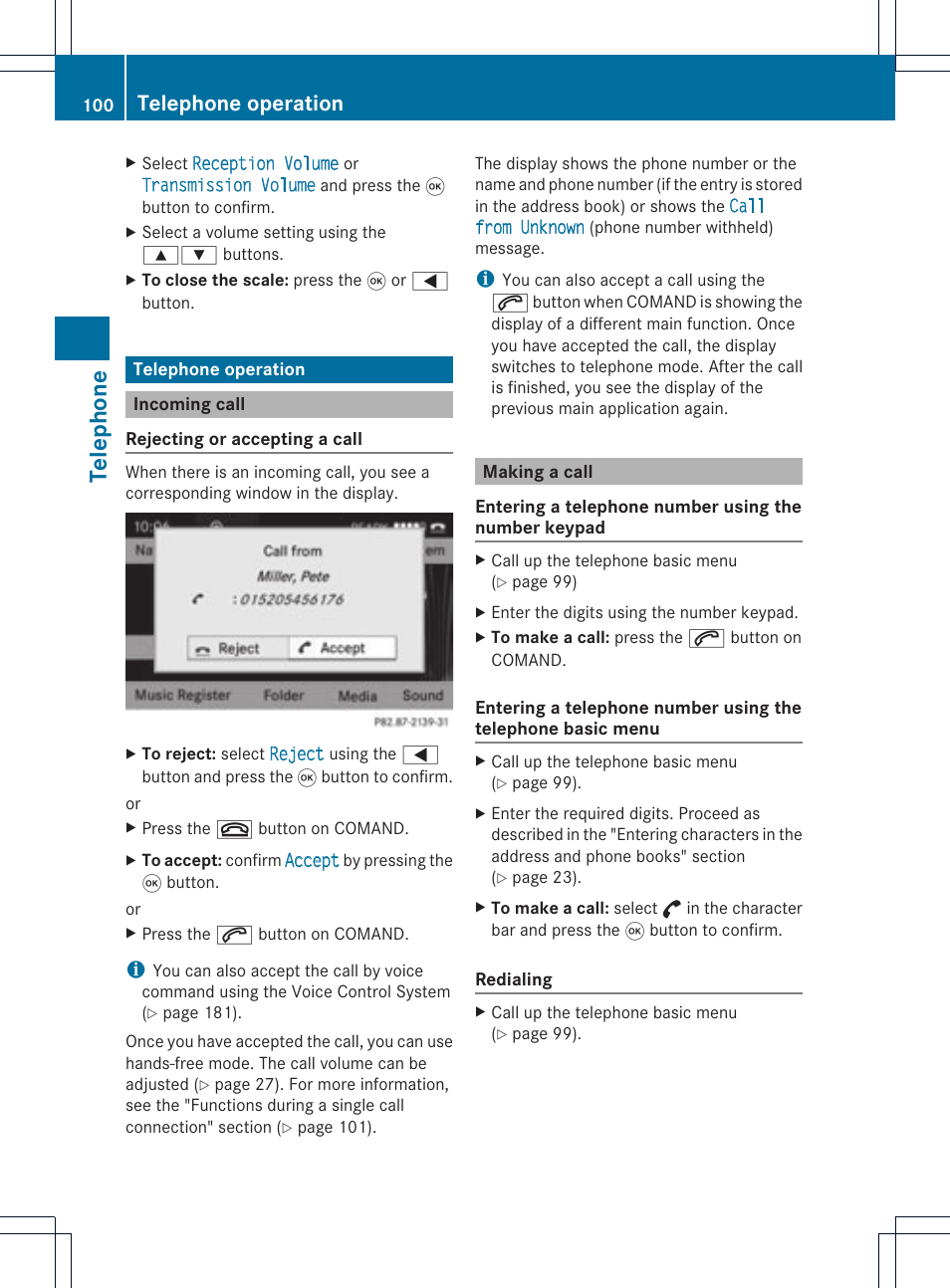 Telephone, Telephone operation | Mercedes-Benz GL-Class 2012 COMAND Manual User Manual | Page 102 / 210