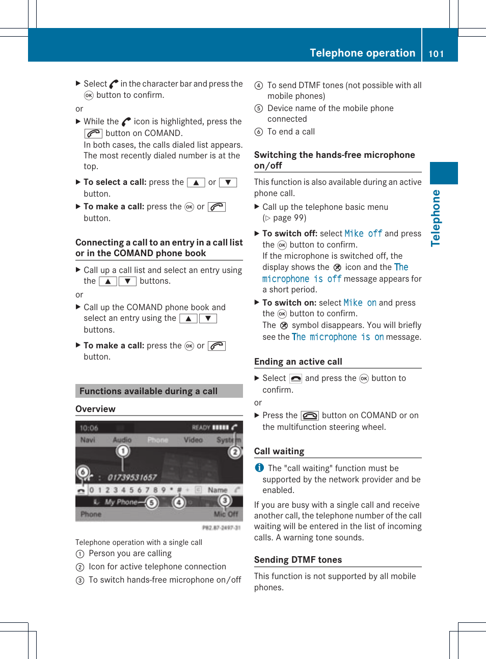 Tel eph one, Telephone operation | Mercedes-Benz GL-Class 2012 COMAND Manual User Manual | Page 103 / 210