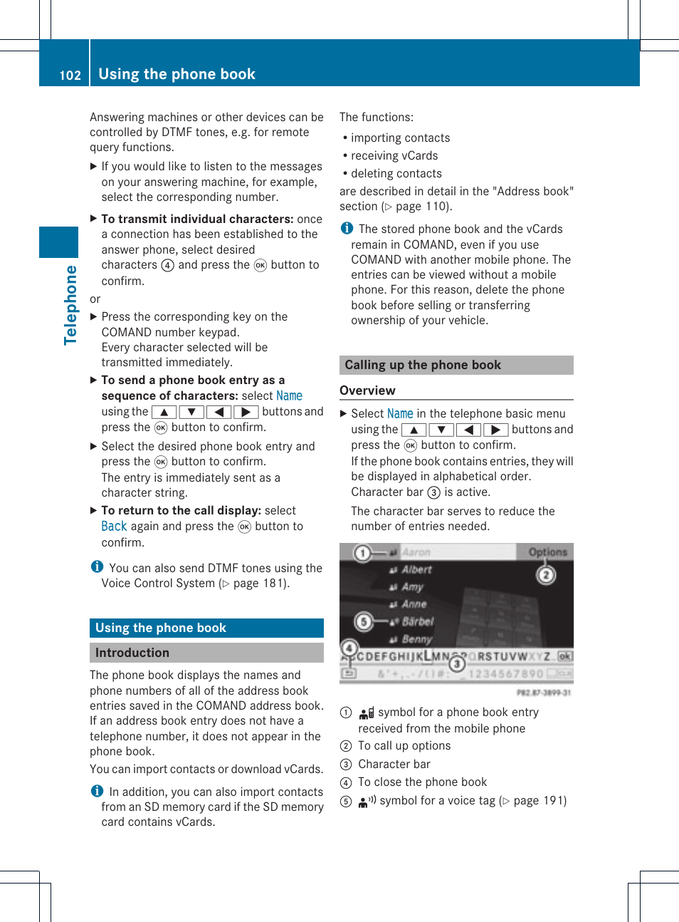 Telephone, Using the phone book | Mercedes-Benz GL-Class 2012 COMAND Manual User Manual | Page 104 / 210