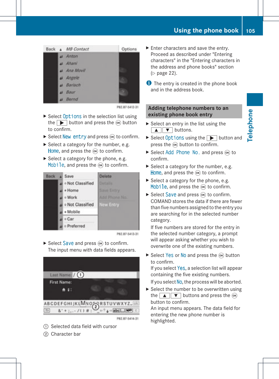 Telep hone, Using the phone book | Mercedes-Benz GL-Class 2012 COMAND Manual User Manual | Page 107 / 210