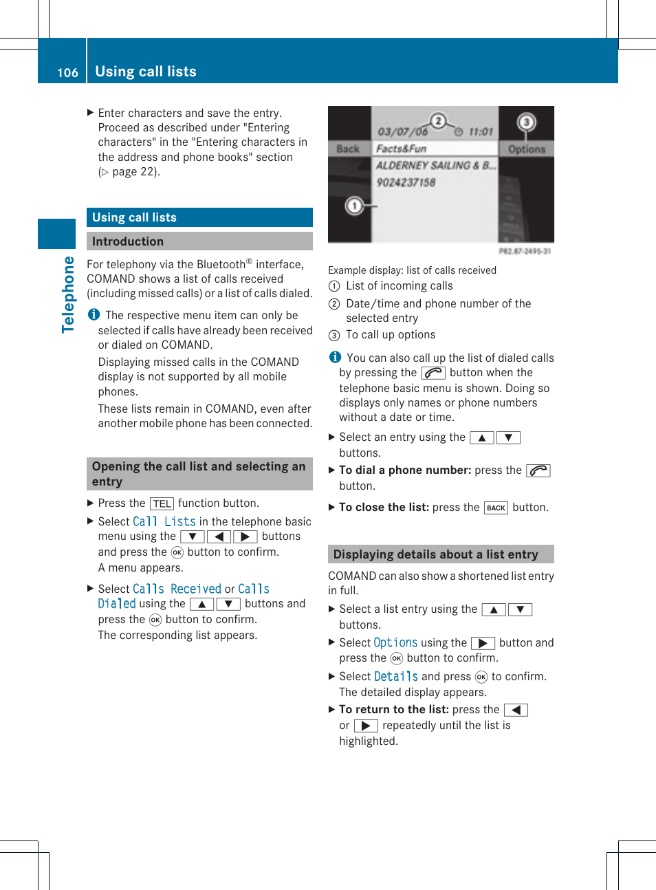 Tel epho ne, Using call lists | Mercedes-Benz GL-Class 2012 COMAND Manual User Manual | Page 108 / 210
