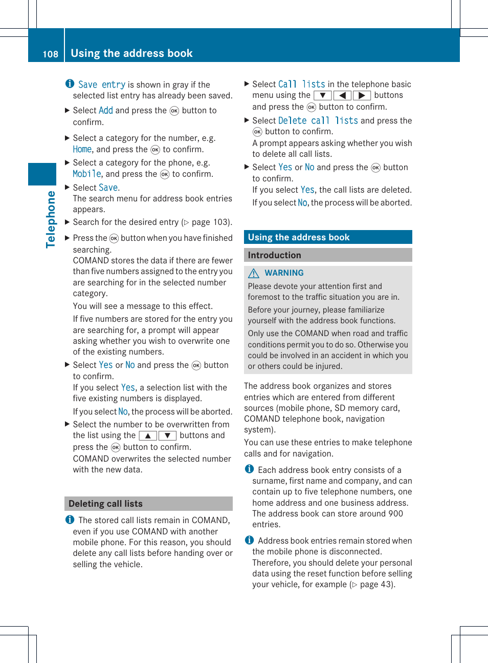 Telephone, Using the address book | Mercedes-Benz GL-Class 2012 COMAND Manual User Manual | Page 110 / 210