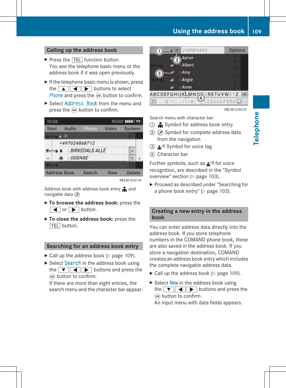Teleph one, Using the address book | Mercedes-Benz GL-Class 2012 COMAND Manual User Manual | Page 111 / 210