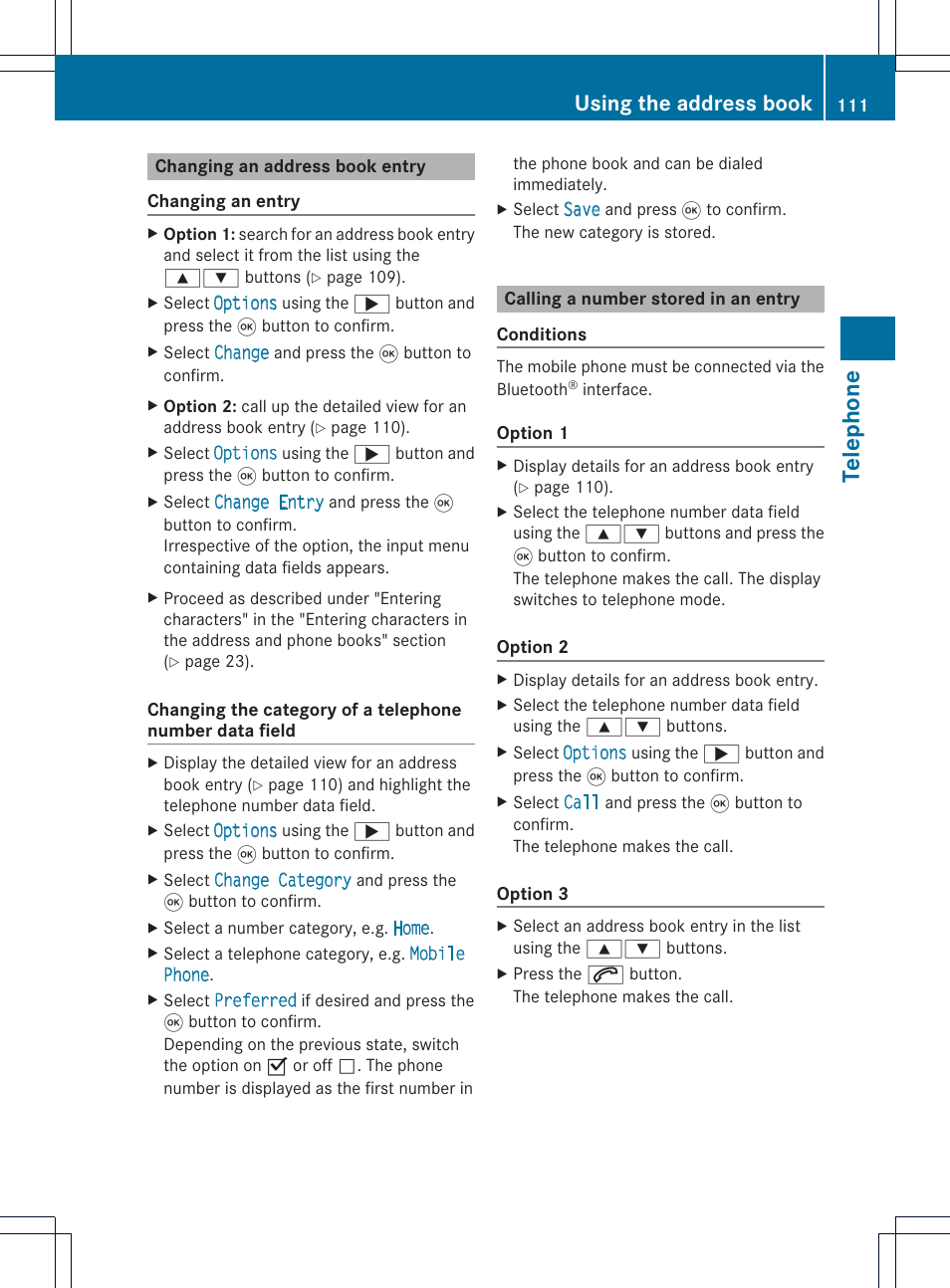 Tel epho ne, Using the address book | Mercedes-Benz GL-Class 2012 COMAND Manual User Manual | Page 113 / 210