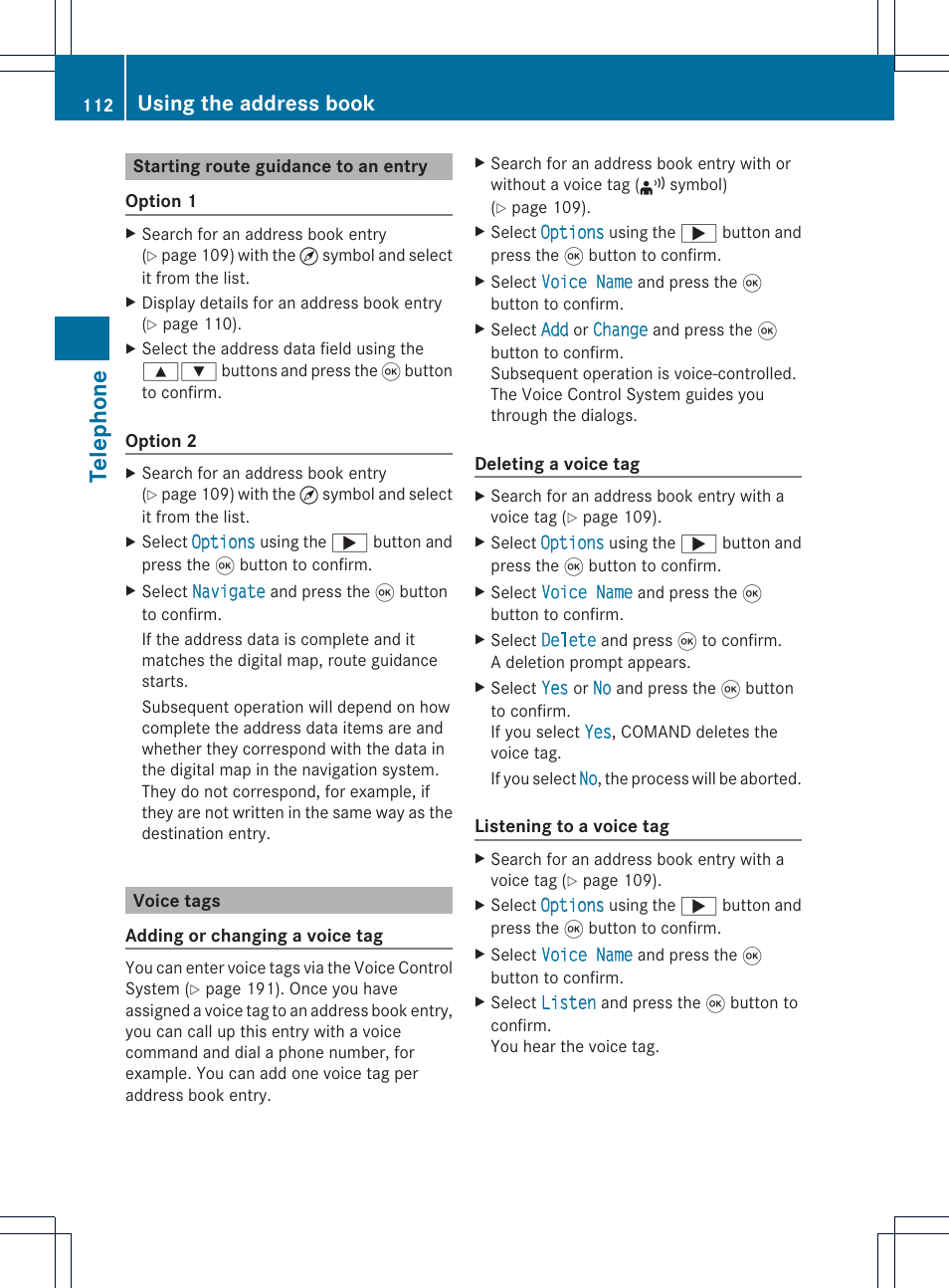 Telep hone, Using the address book | Mercedes-Benz GL-Class 2012 COMAND Manual User Manual | Page 114 / 210