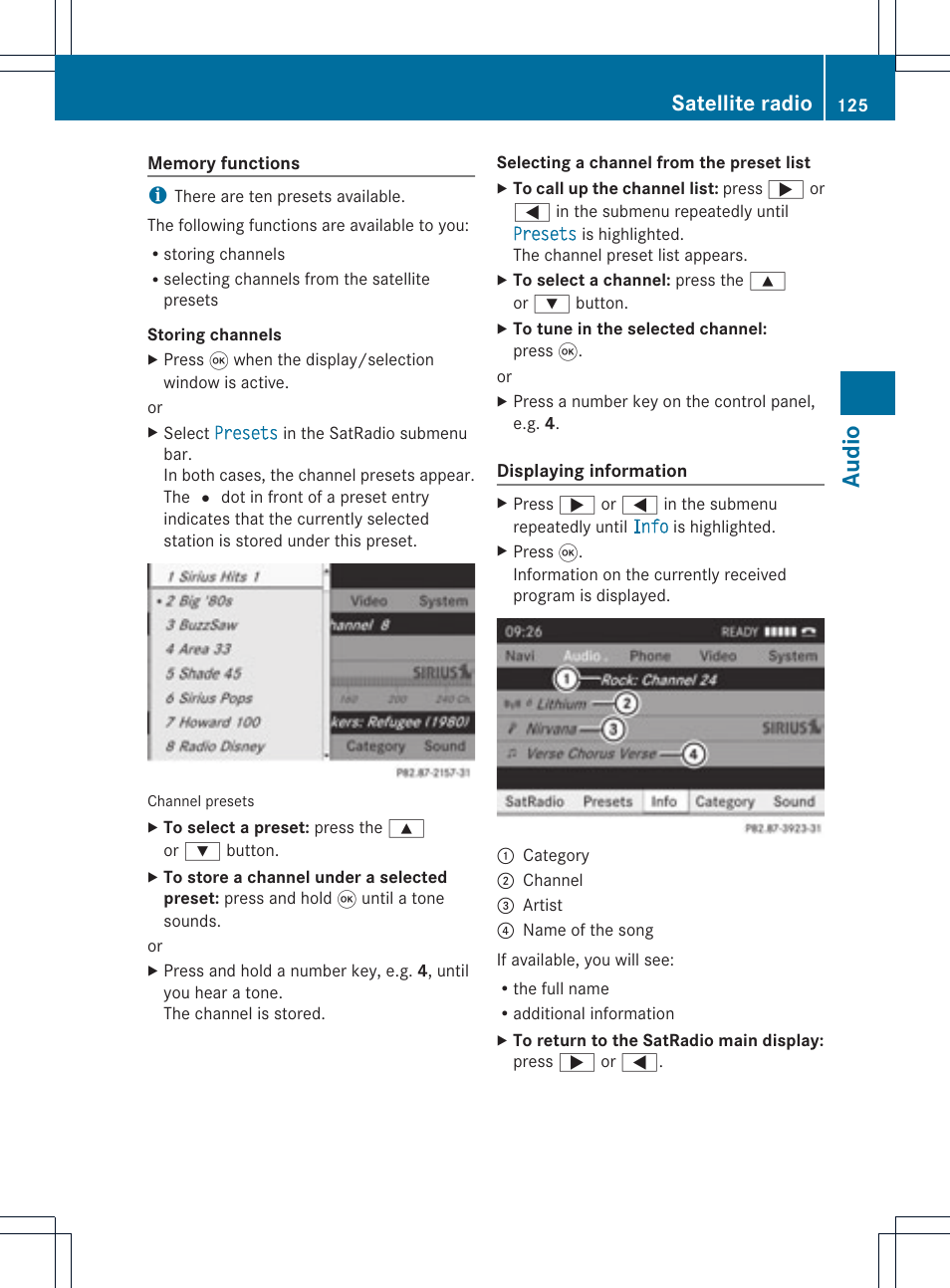 Audio, Satellite radio | Mercedes-Benz GL-Class 2012 COMAND Manual User Manual | Page 127 / 210