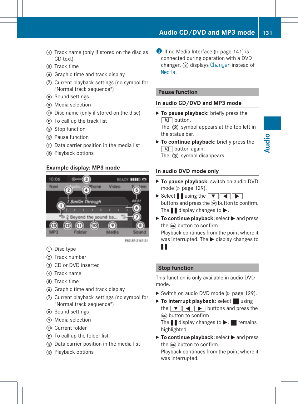 Audio, Audio cd/dvd and mp3 mode | Mercedes-Benz GL-Class 2012 COMAND Manual User Manual | Page 133 / 210