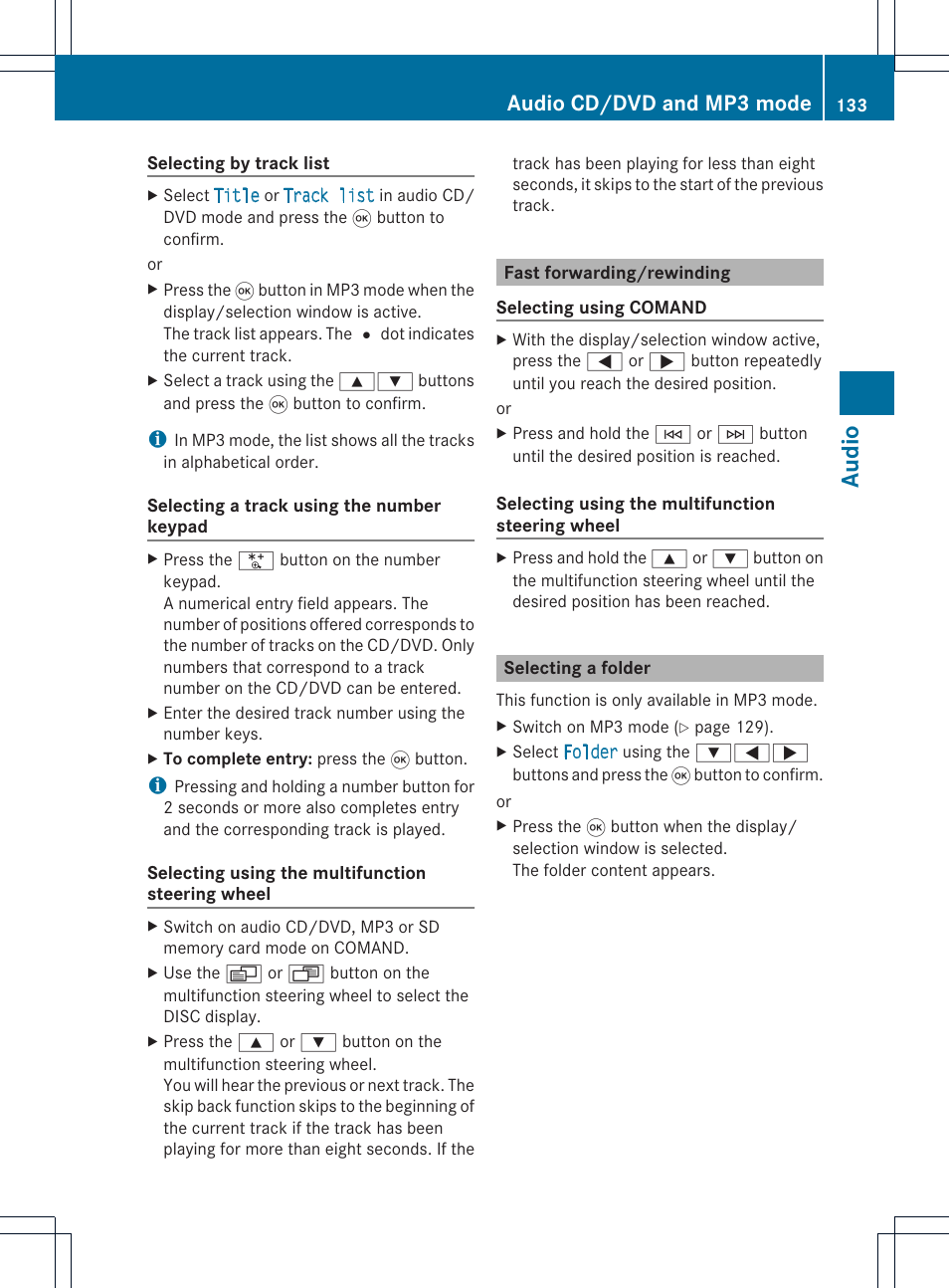 Audio, Audio cd/dvd and mp3 mode | Mercedes-Benz GL-Class 2012 COMAND Manual User Manual | Page 135 / 210