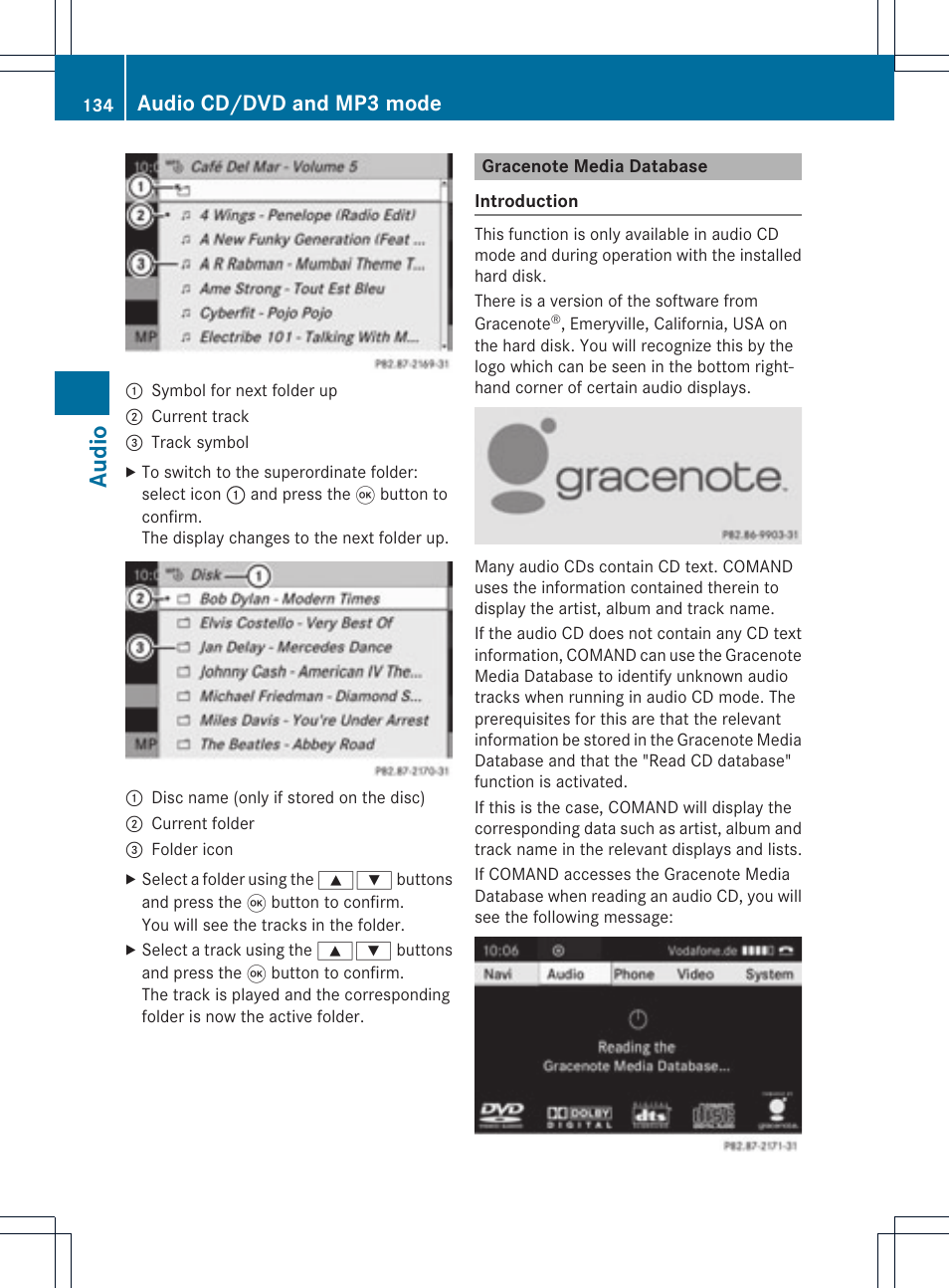 Audio, Audio cd/dvd and mp3 mode | Mercedes-Benz GL-Class 2012 COMAND Manual User Manual | Page 136 / 210