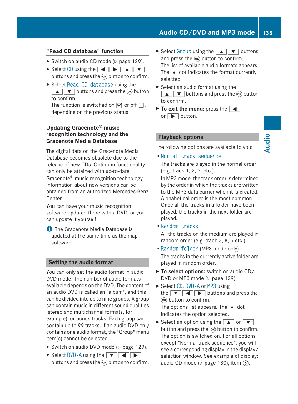 Audio, Audio cd/dvd and mp3 mode | Mercedes-Benz GL-Class 2012 COMAND Manual User Manual | Page 137 / 210