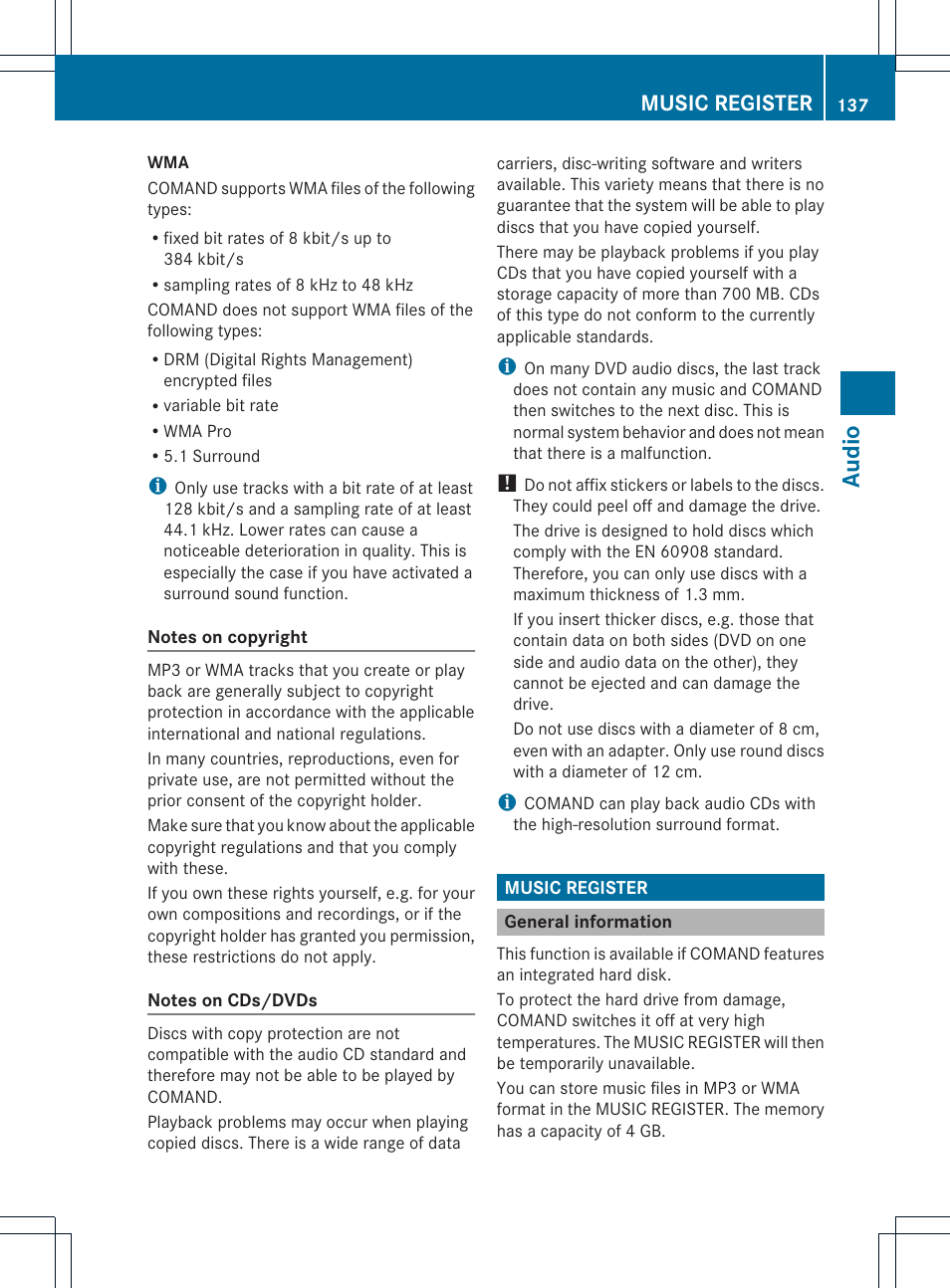 Audi o, Music register | Mercedes-Benz GL-Class 2012 COMAND Manual User Manual | Page 139 / 210