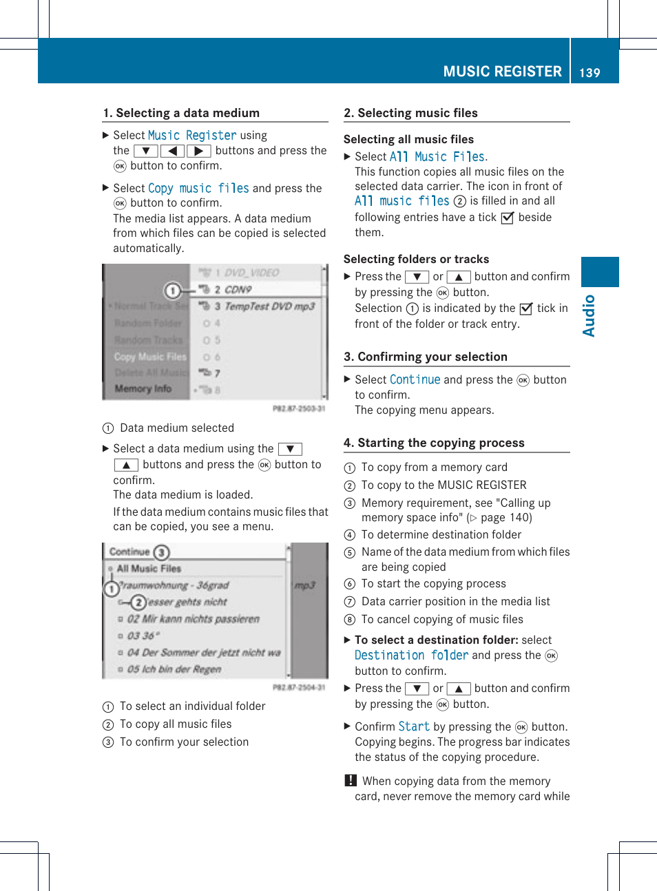 Audio, Music register | Mercedes-Benz GL-Class 2012 COMAND Manual User Manual | Page 141 / 210