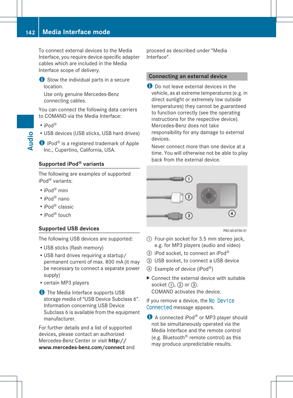 Audio, Media interface mode | Mercedes-Benz GL-Class 2012 COMAND Manual User Manual | Page 144 / 210
