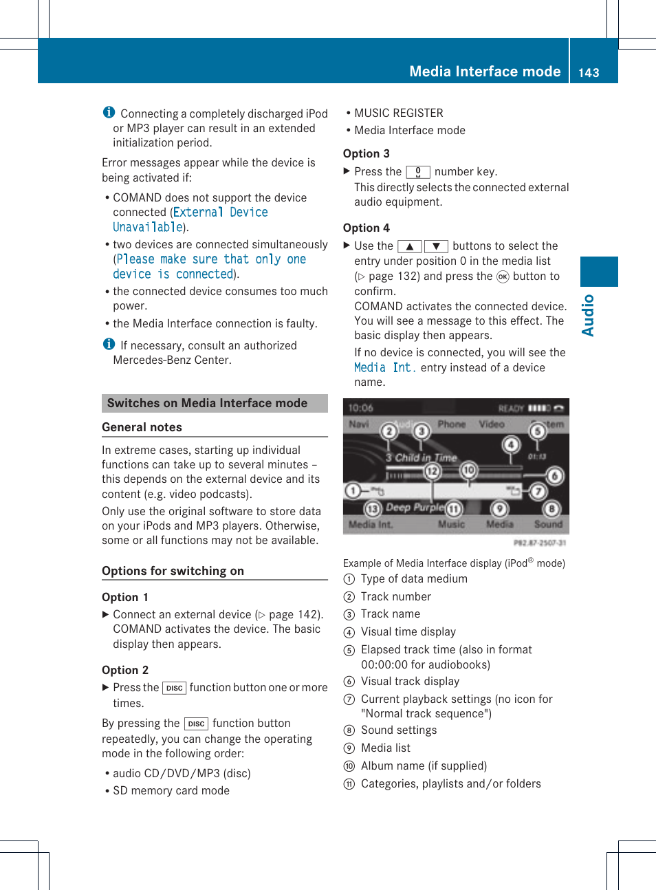 Audio, Media interface mode | Mercedes-Benz GL-Class 2012 COMAND Manual User Manual | Page 145 / 210