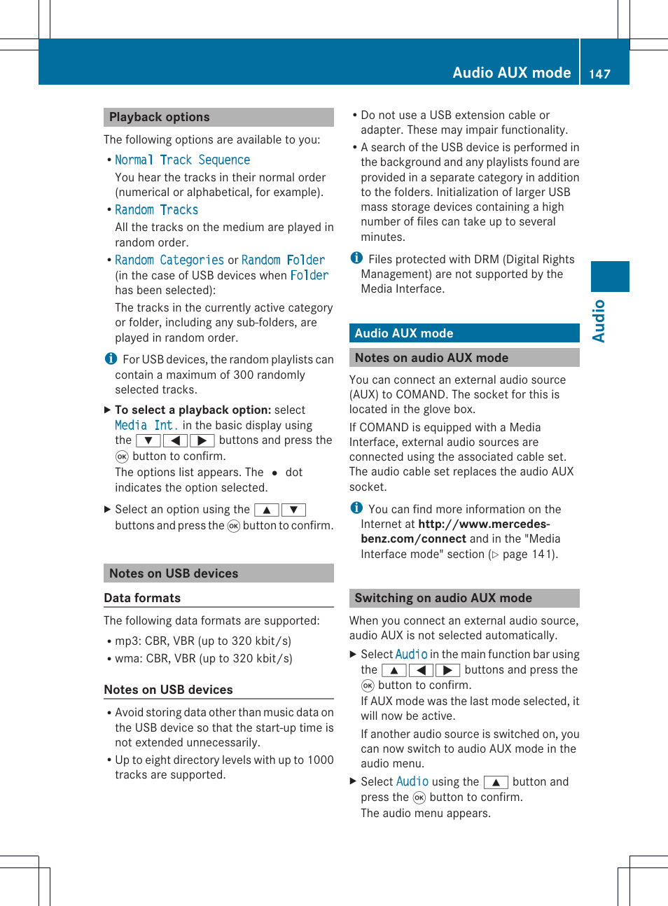 Aud io, Audio aux mode | Mercedes-Benz GL-Class 2012 COMAND Manual User Manual | Page 149 / 210