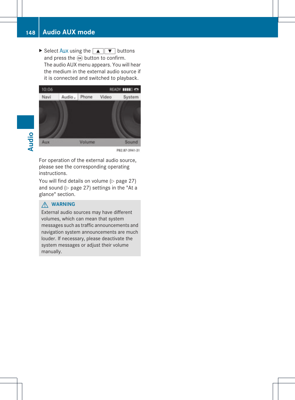 Audio, Audio aux mode | Mercedes-Benz GL-Class 2012 COMAND Manual User Manual | Page 150 / 210