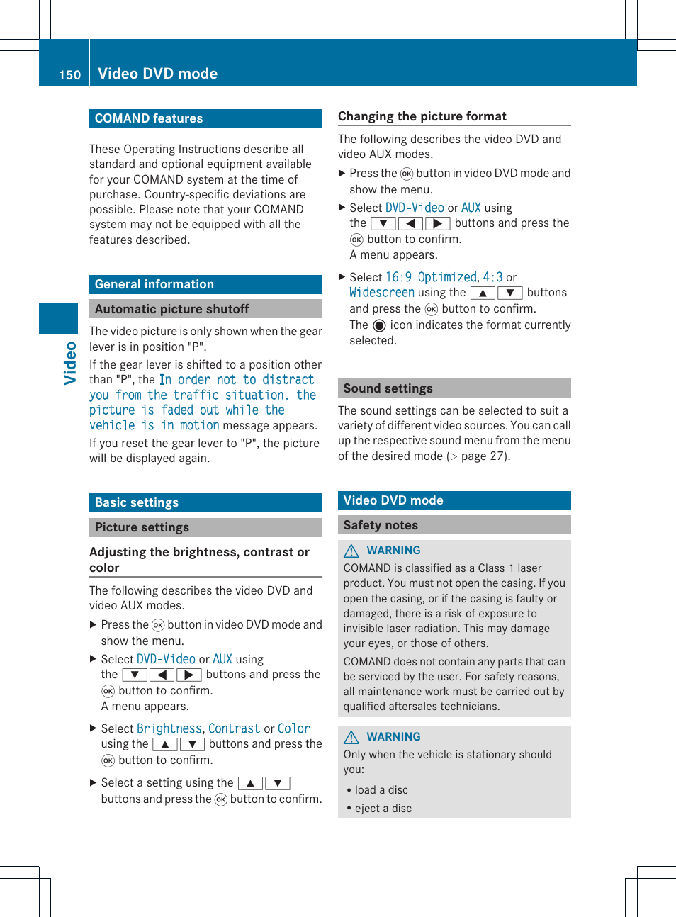 Video, Video dvd mode | Mercedes-Benz GL-Class 2012 COMAND Manual User Manual | Page 152 / 210