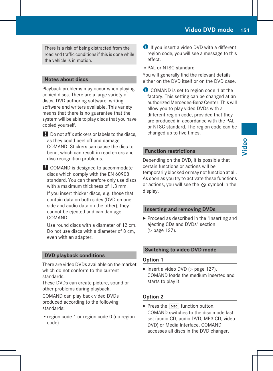 Video, Video dvd mode | Mercedes-Benz GL-Class 2012 COMAND Manual User Manual | Page 153 / 210