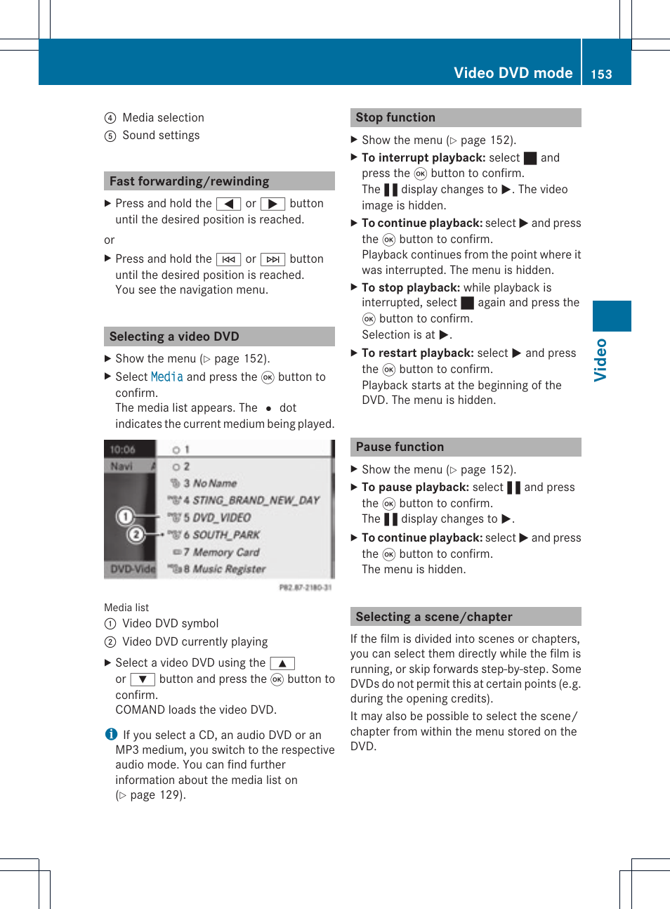 Vid eo, Video dvd mode | Mercedes-Benz GL-Class 2012 COMAND Manual User Manual | Page 155 / 210