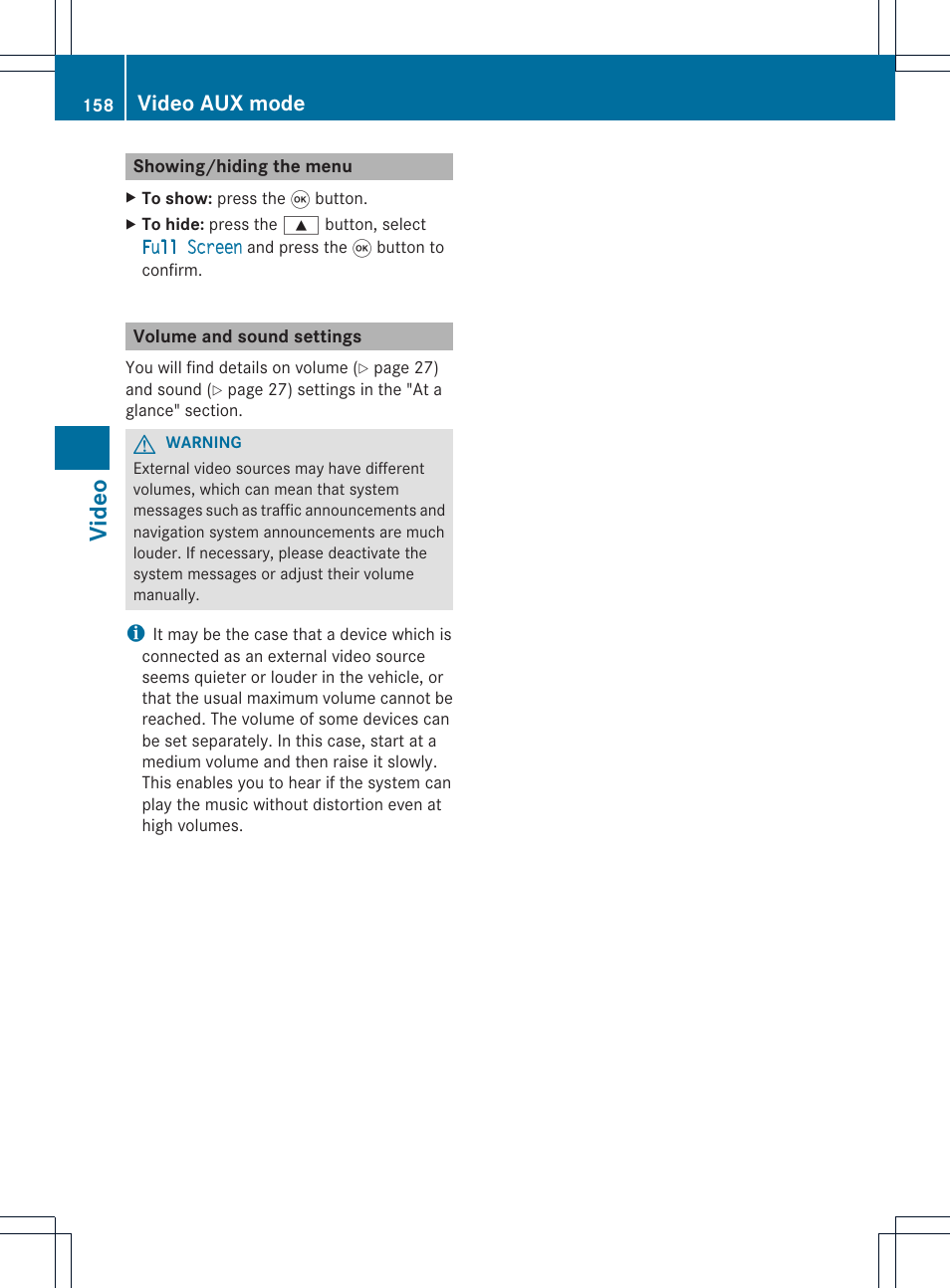 Video, Video aux mode | Mercedes-Benz GL-Class 2012 COMAND Manual User Manual | Page 160 / 210