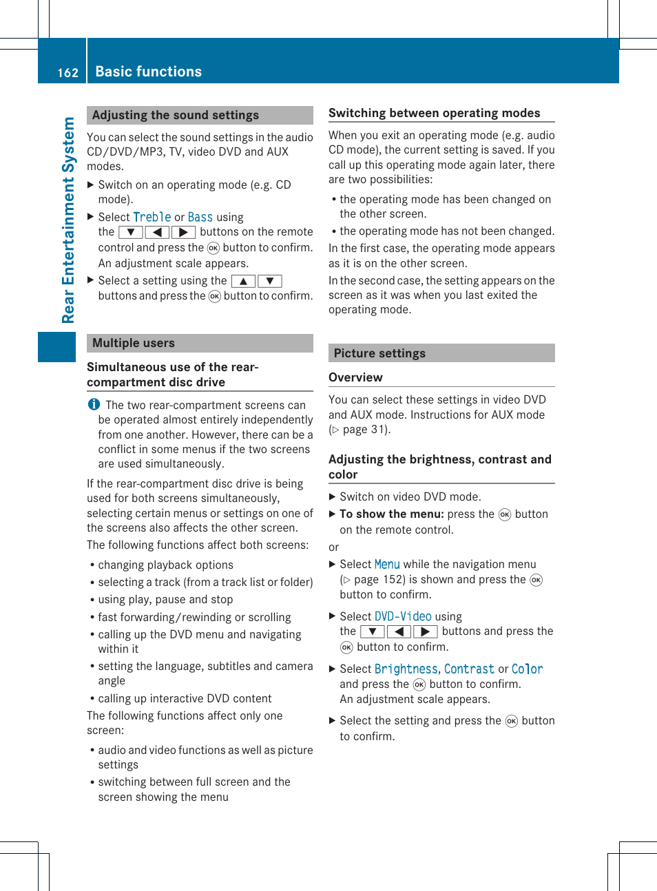 Rear enterta inment system, Basic functions | Mercedes-Benz GL-Class 2012 COMAND Manual User Manual | Page 164 / 210