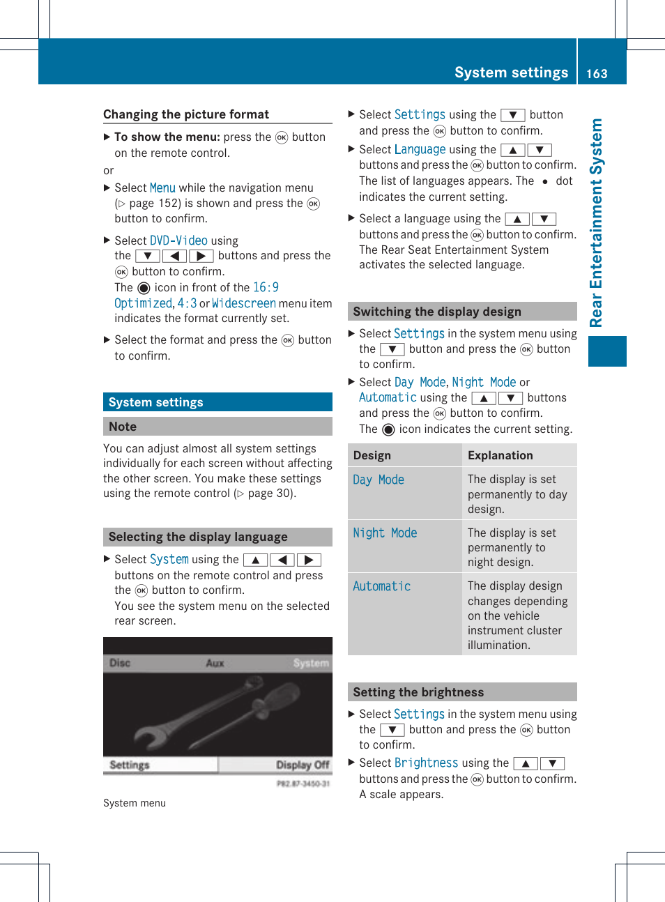 Rear en tertain ment sys tem, System settings | Mercedes-Benz GL-Class 2012 COMAND Manual User Manual | Page 165 / 210