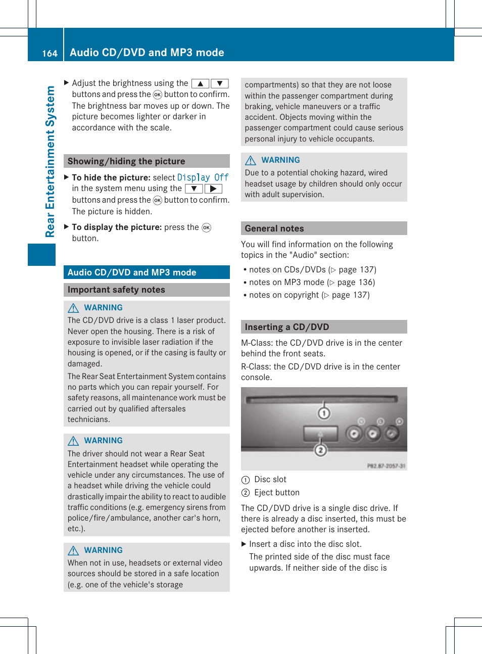 Rear entert ainm ent syst em, Audio cd/dvd and mp3 mode | Mercedes-Benz GL-Class 2012 COMAND Manual User Manual | Page 166 / 210