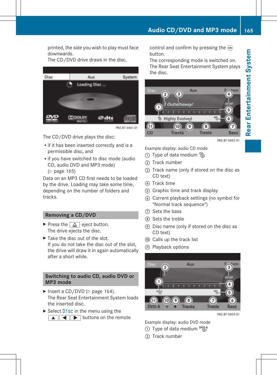 Rea renter ta inment syst em, Audio cd/dvd and mp3 mode | Mercedes-Benz GL-Class 2012 COMAND Manual User Manual | Page 167 / 210